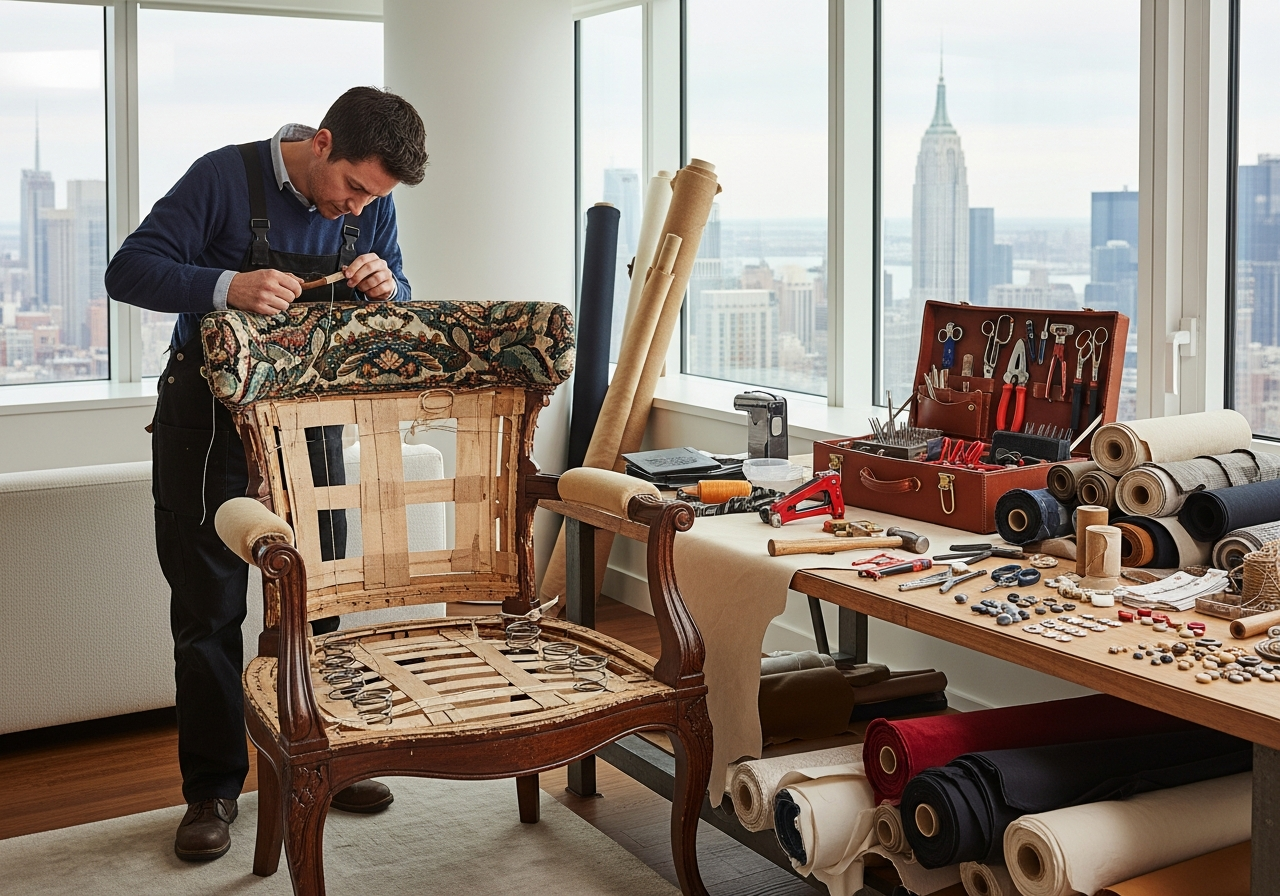 Upholsterer restoring an antique chair frame with tools and fabric in a New York studio.